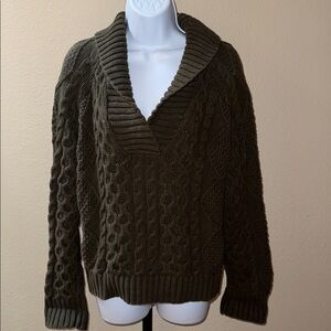 Ralph Lauren Denim & Supply Olive V-Neck Shawl Collar Cable Knit Sweater Size XL